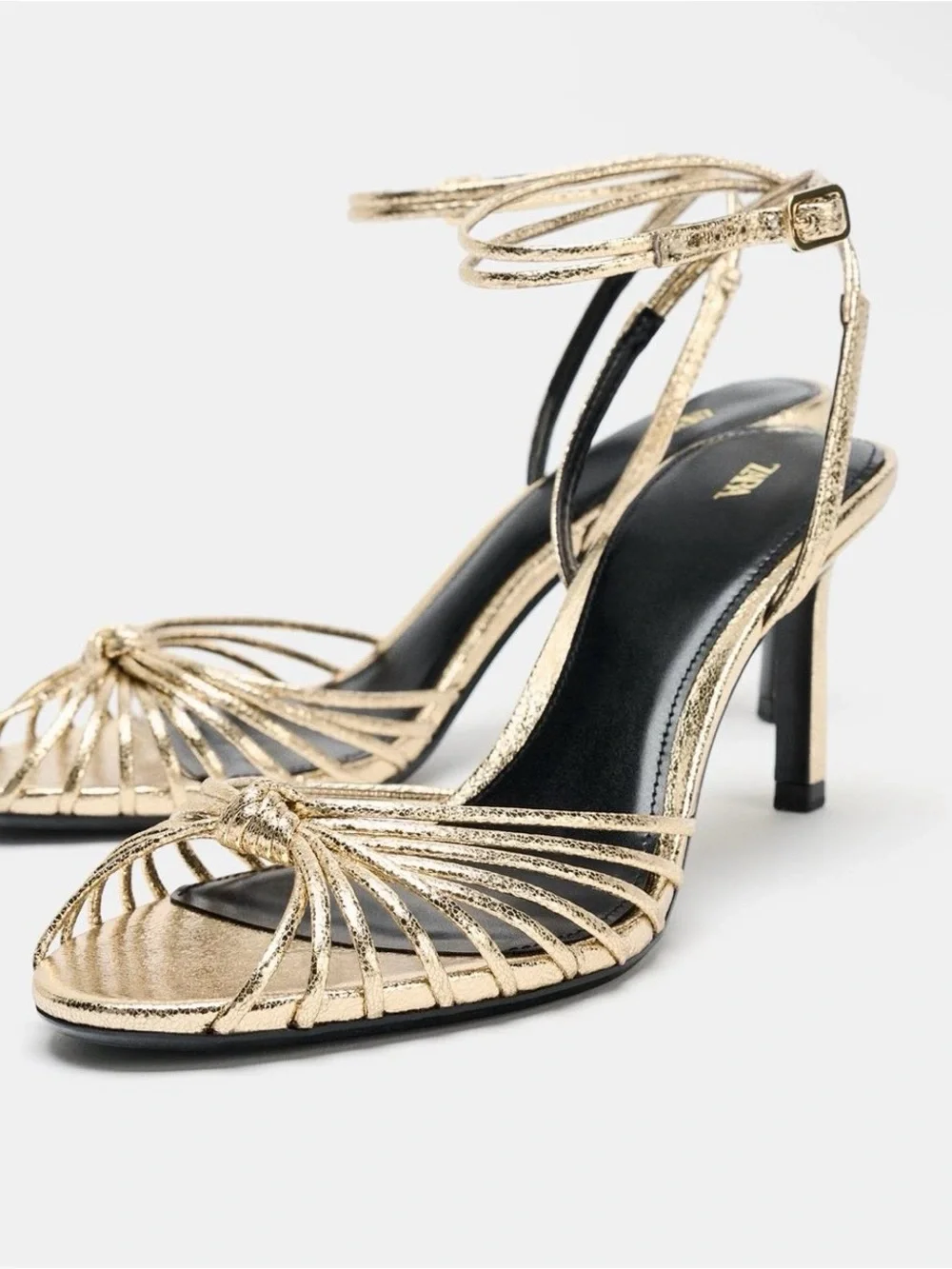 Zara Metallic Gold Strappy Ankle‑Tie Heels